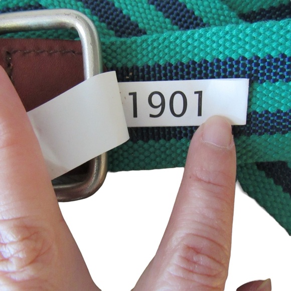 Nordstrom 1901 Mens Navy Blue Green Striped Ribbon Belt Size Large Double D Ring - Picture 8 of 8